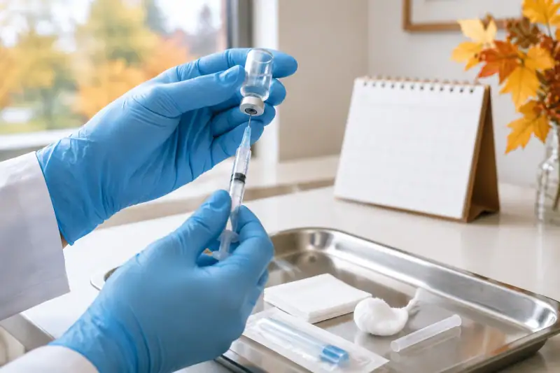 Klinik ortamında grip aşısı uygulaması için hazırlanan enjektör ve eldivenli sağlık çalışanının elleri