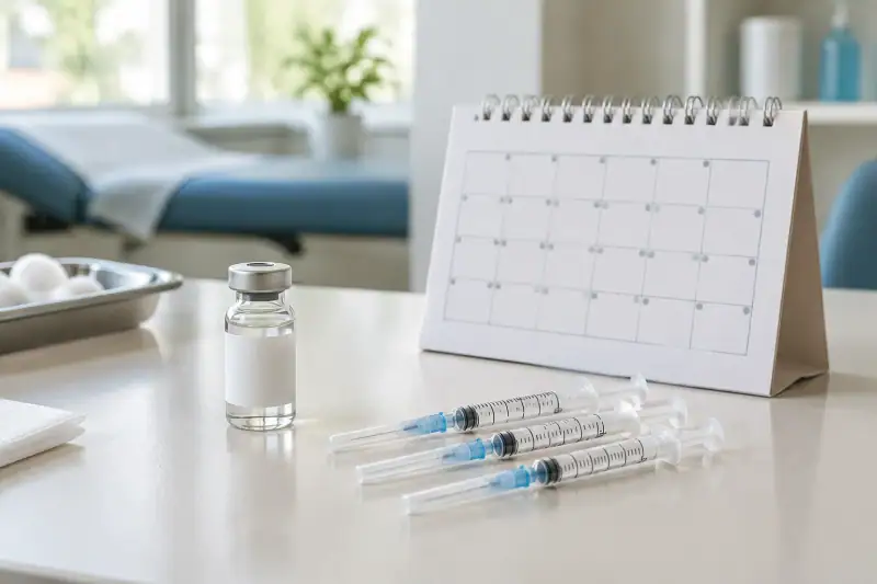 Klinik ortamında hepatit B aşısı flakonu ve üç kapalı şırınganın boş bir takvimin yanında durduğu sahne