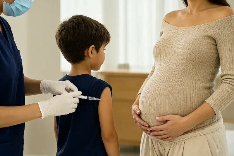 Klinikte çocuk ve hamile kişinin yanında aşı hazırlayan sağlık çalışanının elleri