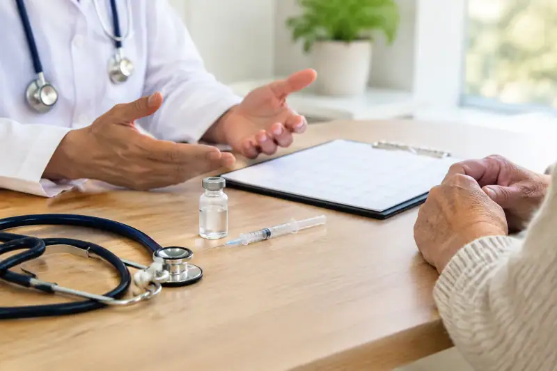 Klinikte yaşlı bir kişiyle grip aşısı planını görüşen sağlık çalışanı